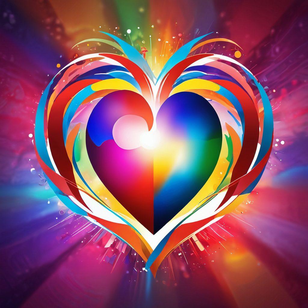 A glowing heart symbol intertwined with various brand logos, emanating warmth and positivity, set against a backdrop of abstract shapes representing identity and connection. The scene should showcase elements like hands gently nurturing the heart, with vibrant colors that convey love and creativity. Utilize a soft-focus effect to evoke affection and warmth. super-realistic. vibrant colors.