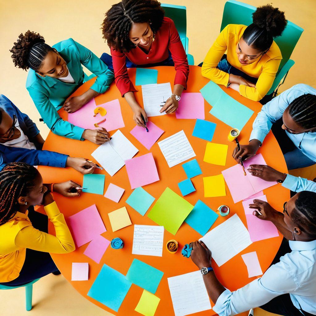 A heartwarming scene depicting diverse individuals collaborating around a colorful table, brainstorming branding ideas with affection in their expressions. Incorporate elements like love symbols, branding tools, and vibrant sticky notes filled with creative ideas. The background can feature soft, inviting colors to evoke warmth and connection. Emphasize teamwork and creativity through various artistic styles in the characters' attire. vibrant colors. super-realistic. soft-focus.